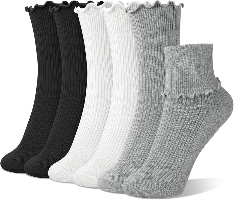 Socksfad Store 6 Pairs Cute Floral Ruffle Crew Socks Women, Breathable Cotton Novelty Casual Girls Above Ankle Funny Socks US 5-10 - Image 1